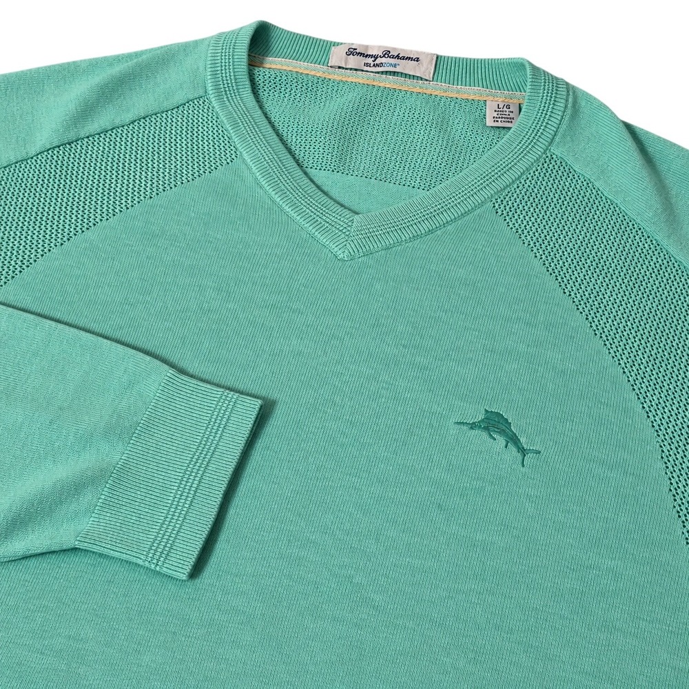 Tommy Bahama Sweater Men Large Golf Green Island Zone V-Neck Mesh Knit Pullover